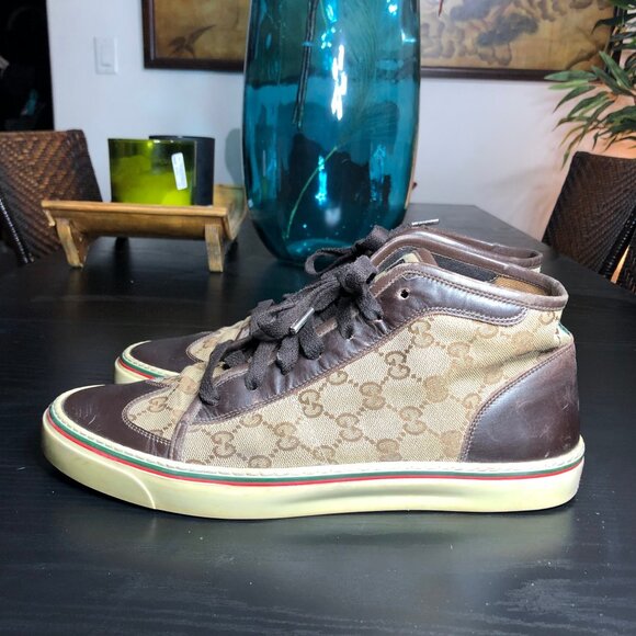 Gucci GG Wingtip Canvas High Top Sneakers Beige Brown 163236 9G Men’s US 10 - Picture 3 of 11
